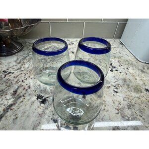 Artisan Handblown Clear Glass Drinking Tumblers With Cobalt Blue Rim Set Of 3